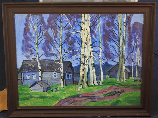 Yuri Matushevski (1930-1999) Birch trees and farm buildings, 23 x 33in.